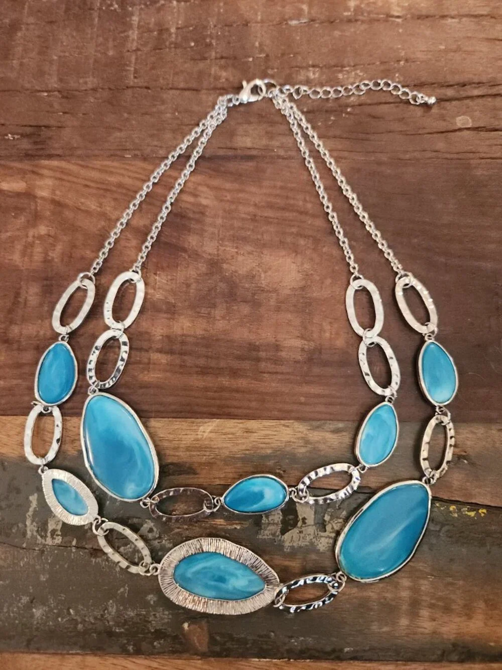 Vintage Turquoise Blue Double Strand Silver Hammered Oval Statement Necklace